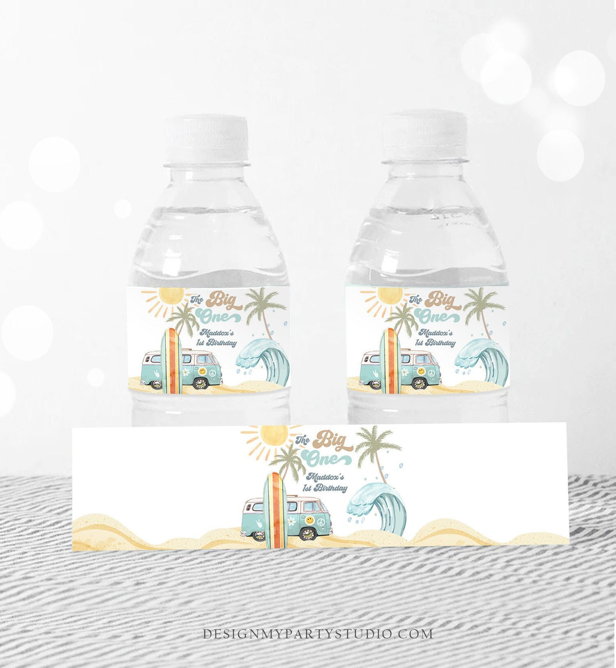 Editable Surf Water Bottle Labels The Big One Party Decor Surf 1st Birthday Retro Boy Surfboard Labels Instant Printable Template Corjl 0433