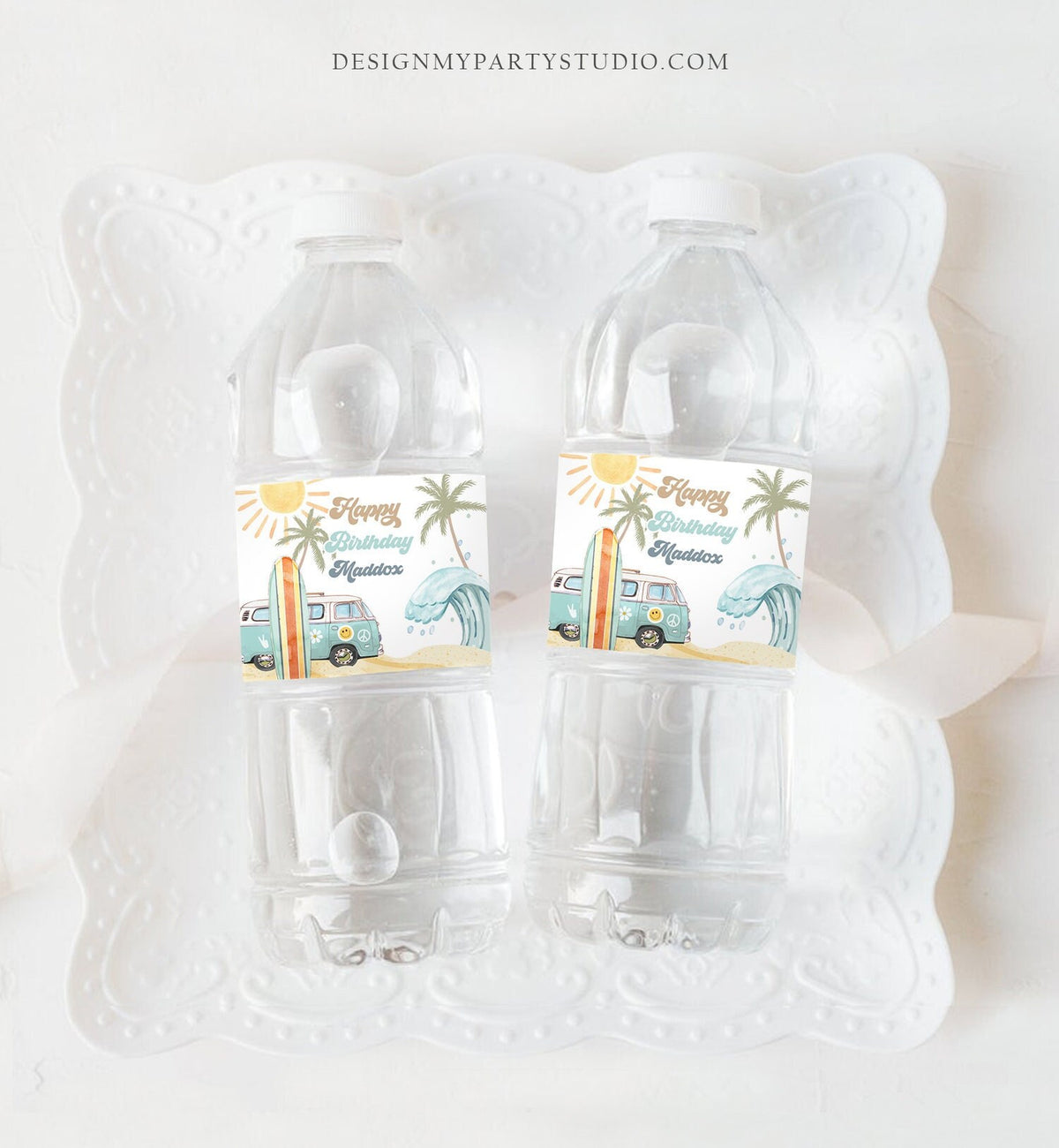 Editable Surf Water Bottle Labels The Big One Party Decor Surf 1st Birthday Retro Boy Surfboard Labels Instant Printable Template Corjl 0433
