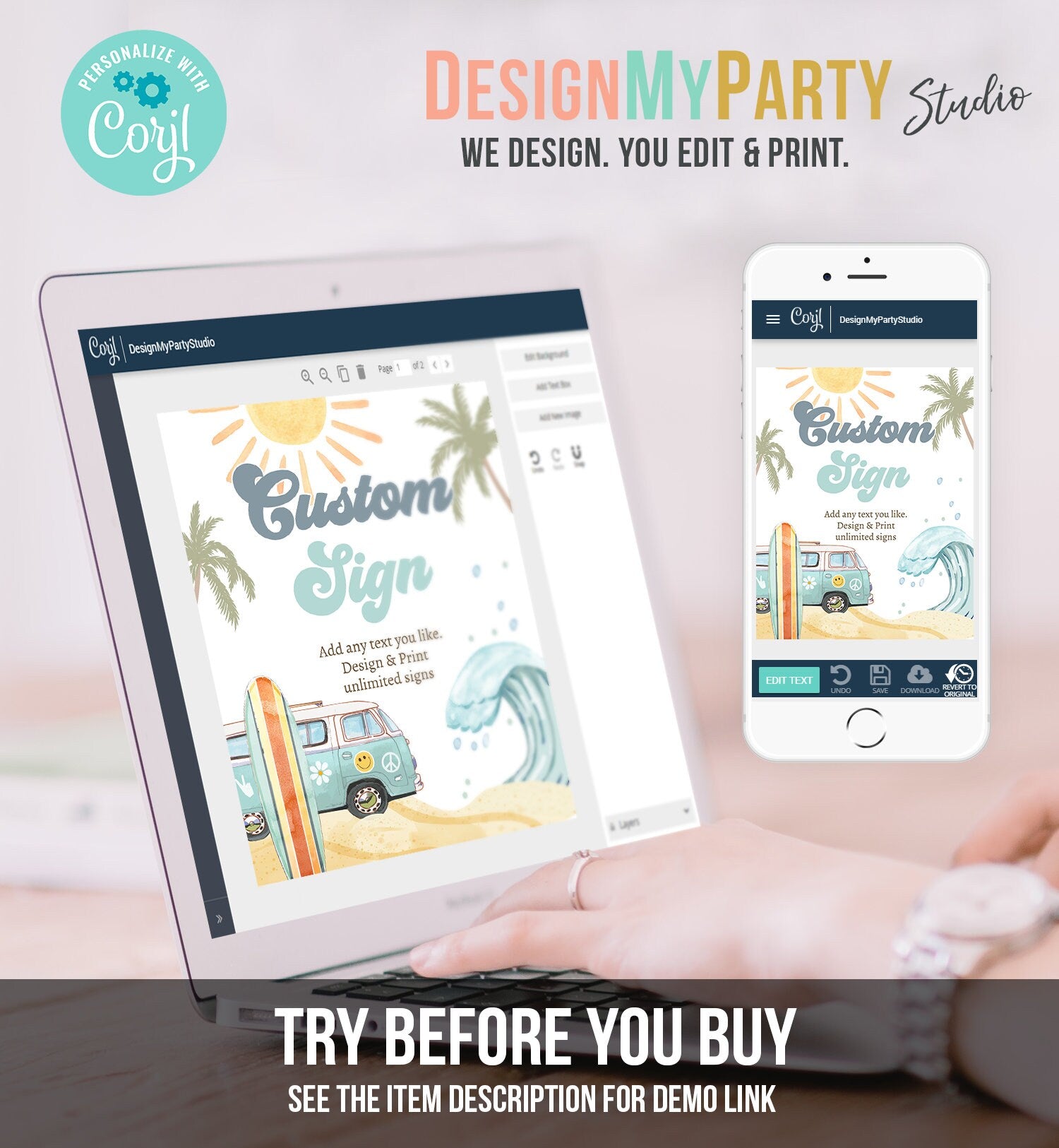Editable Custom Sign Surf Birthday Party Sign Boy The Big One Surf's Up Birthday Sign Beach Party Retro Wave Template Corjl PRINTABLE 0433