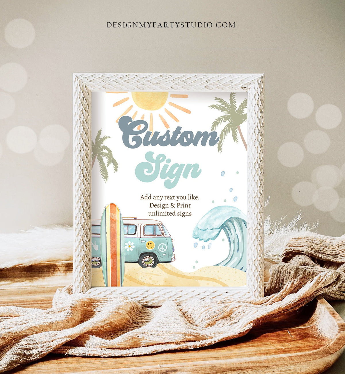 Editable Custom Sign Surf Birthday Party Sign Boy The Big One Surf's Up Birthday Sign Beach Party Retro Wave Template Corjl PRINTABLE 0433