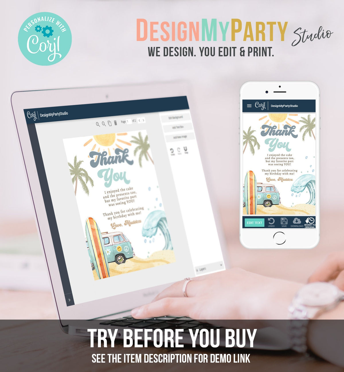 Editable Surf Thank You Card Surfboard 1st Birthday Thank Your Note Retro Boy Beach Party Wave Surfer Download Template Corjl Digital 0433
