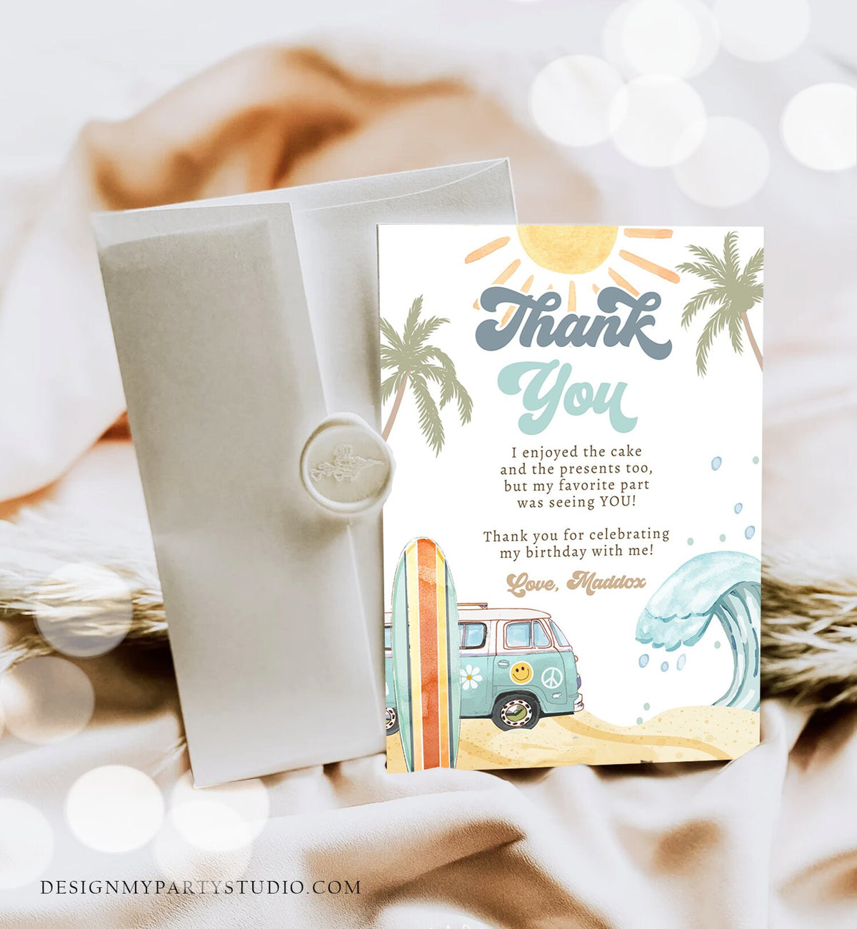 Editable Surf Thank You Card Surfboard 1st Birthday Thank Your Note Retro Boy Beach Party Wave Surfer Download Template Corjl Digital 0433