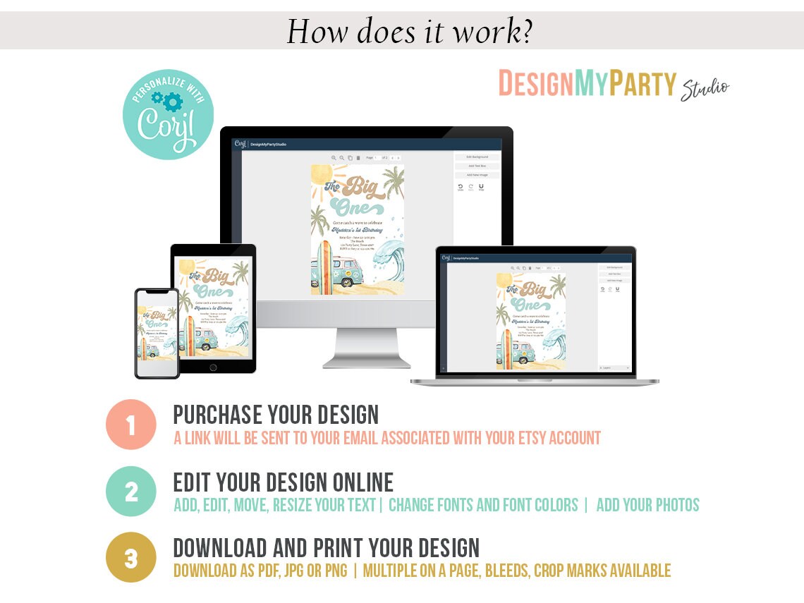 The Big One Surf 1st Birthday Invitation Bundle 1st Surf Birthday Invite Kit Surfboard Beach Party Package Printable Corjl Template 0433