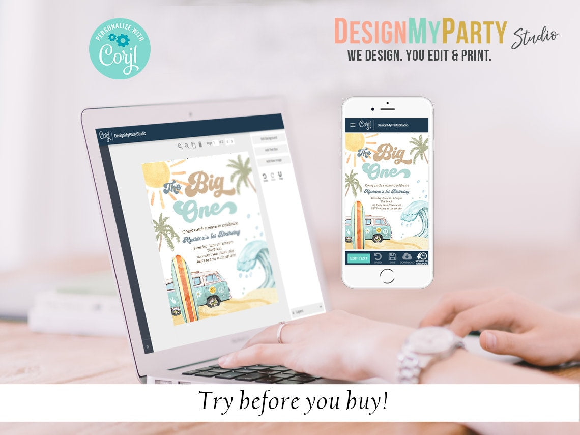 The Big One Surf 1st Birthday Invitation Bundle 1st Surf Birthday Invite Kit Surfboard Beach Party Package Printable Corjl Template 0433