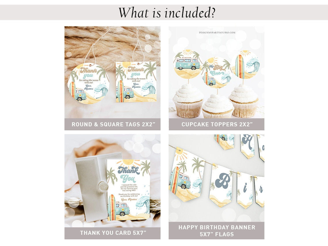 The Big One Surf 1st Birthday Invitation Bundle 1st Surf Birthday Invite Kit Surfboard Beach Party Package Printable Corjl Template 0433