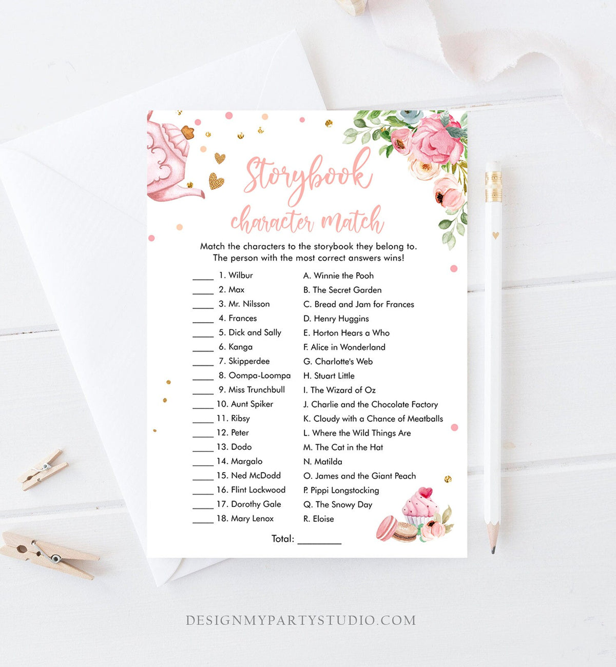 Editable Storybook Character Match Game Baby Shower Tea Party Baby is Brewing Game Pink Sweets Activity Corjl Template Printable 0349