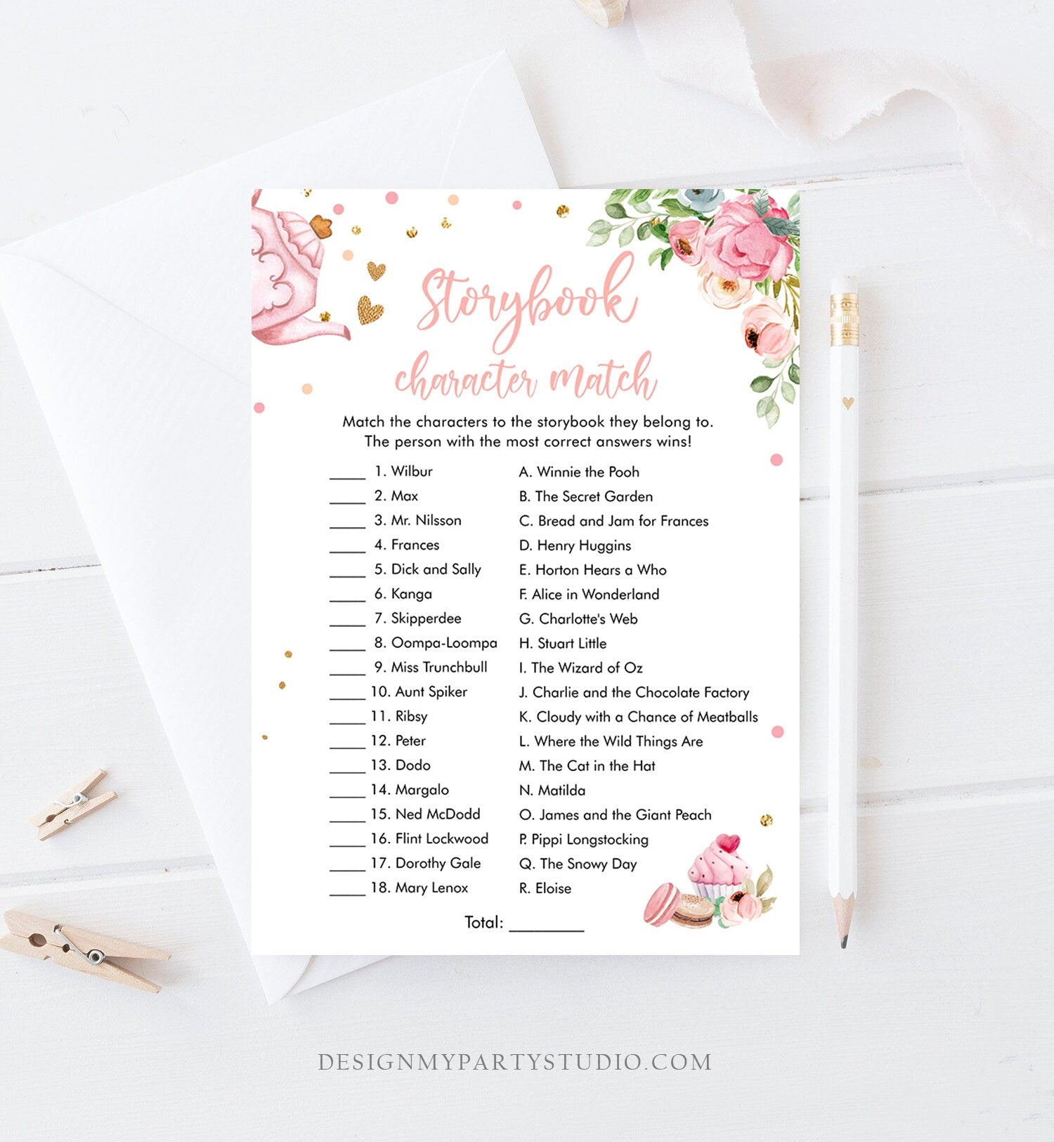 Editable Storybook Character Match Game Baby Shower Tea Party Baby is Brewing Game Pink Sweets Activity Corjl Template Printable 0349