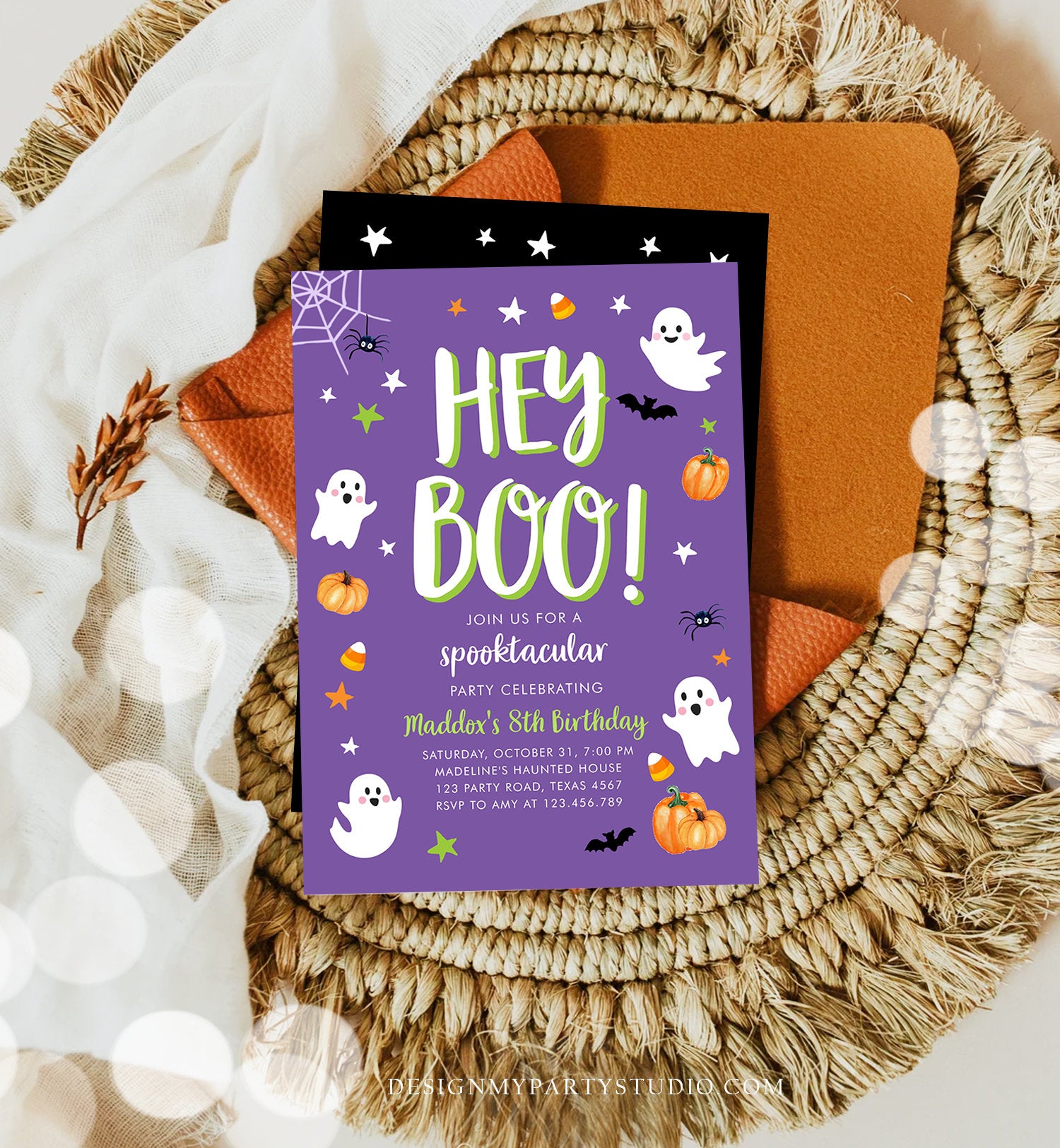 Editable Halloween Birthday Invitation Boy Ghost Costume Party Boy Purple Kids Spooktacular Spooky Download Printable Template Corjl 0418