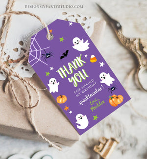 Editable Halloween Birthday Thank You Favor Tags Costume Party Purple Green Spooktacular Ghost Party Download Printable Template Corjl 0418