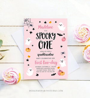 Editable Halloween 1st Birthday Invitation Pink Ghost Costume Party Girl Pink Kids Spooky One First Download Printable Template Corjl 0418