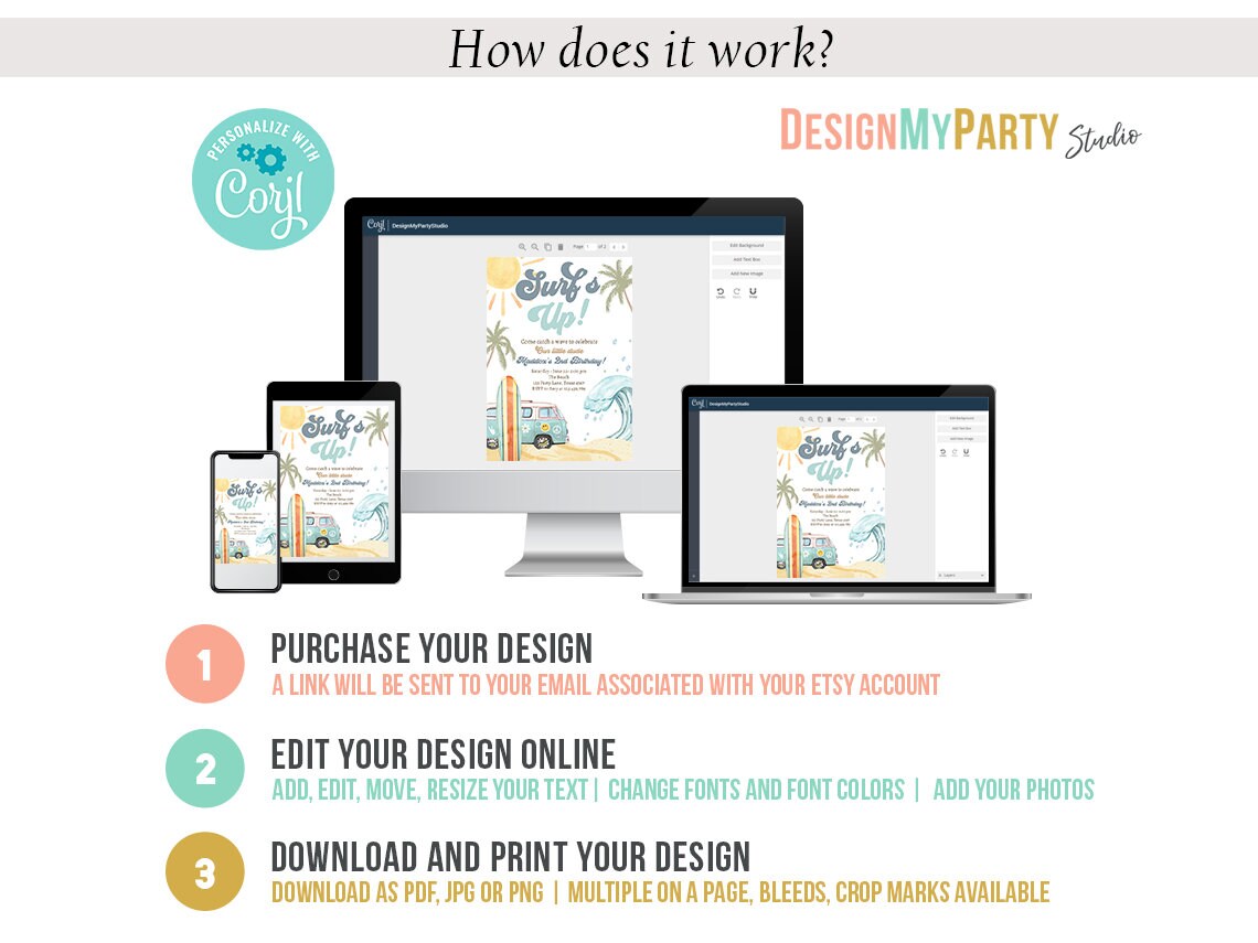 Surf's Up Birthday Invitation Bundle Surf Birthday Invite Pack Boy Surfboard Beach Party Package Kit Big One Printable Corjl Template 0433