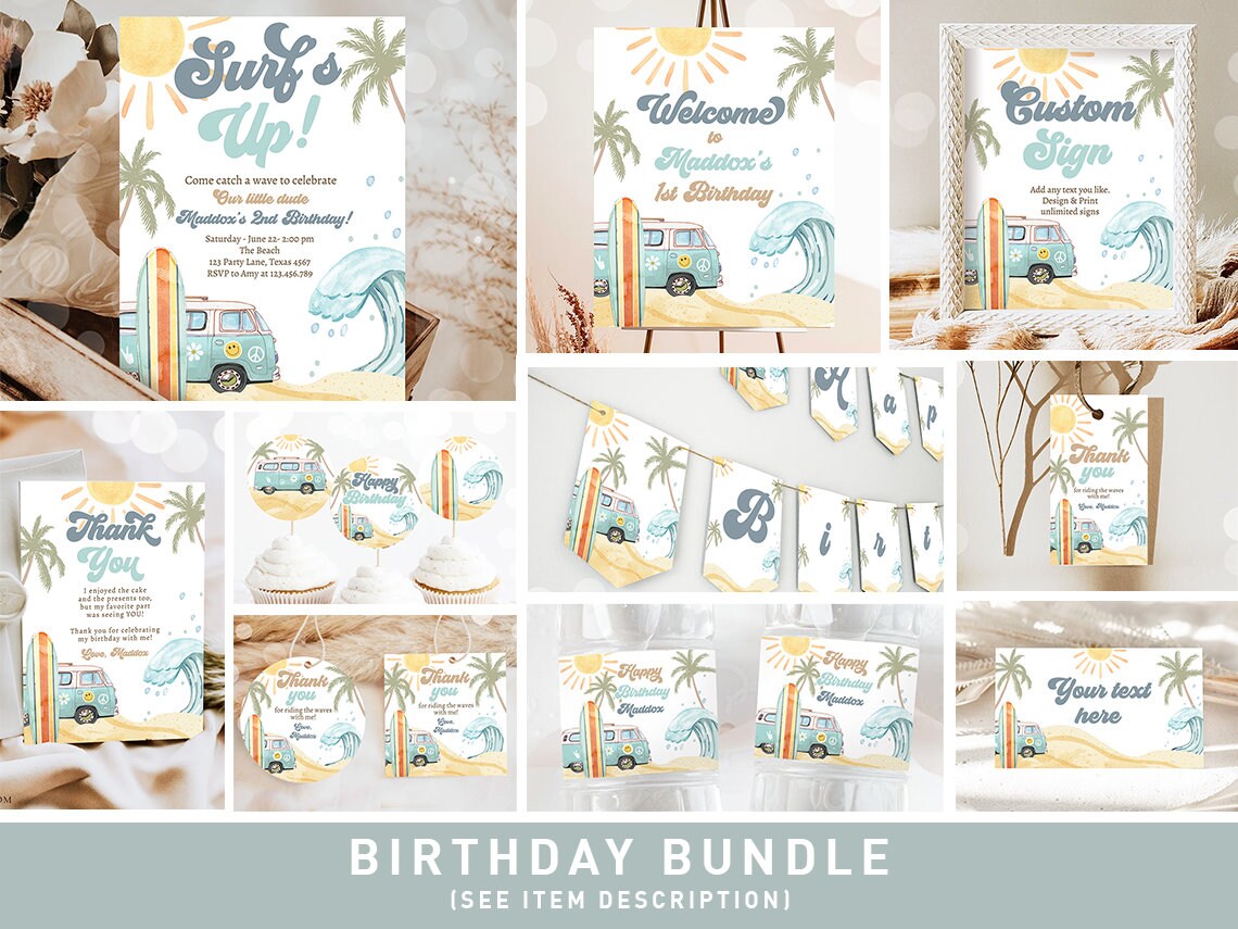 Surf's Up Birthday Invitation Bundle Surf Birthday Invite Pack Boy Surfboard Beach Party Package Kit Big One Printable Corjl Template 0433