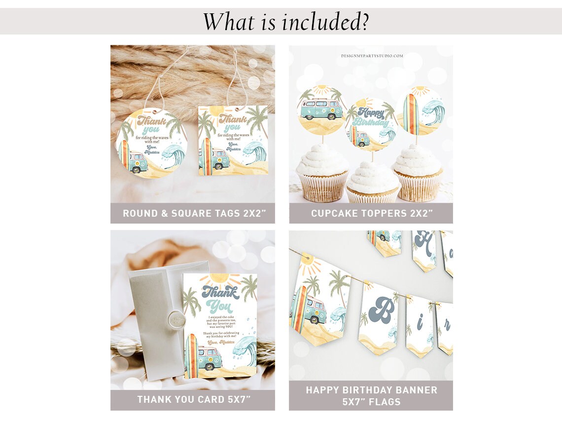 Surf's Up Birthday Invitation Bundle Surf Birthday Invite Pack Boy Surfboard Beach Party Package Kit Big One Printable Corjl Template 0433