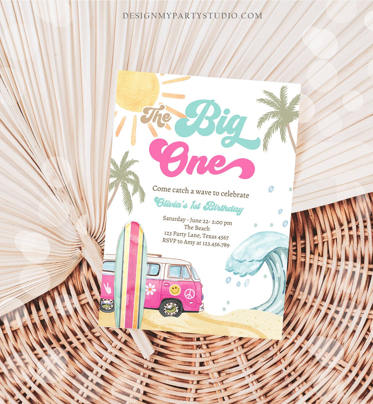 Editable The Big One Surf 1st Birthday Invite Girl Retro Surfboard Beach Party Wave Surfer Boho Invite Download Template Corjl Digital 0433