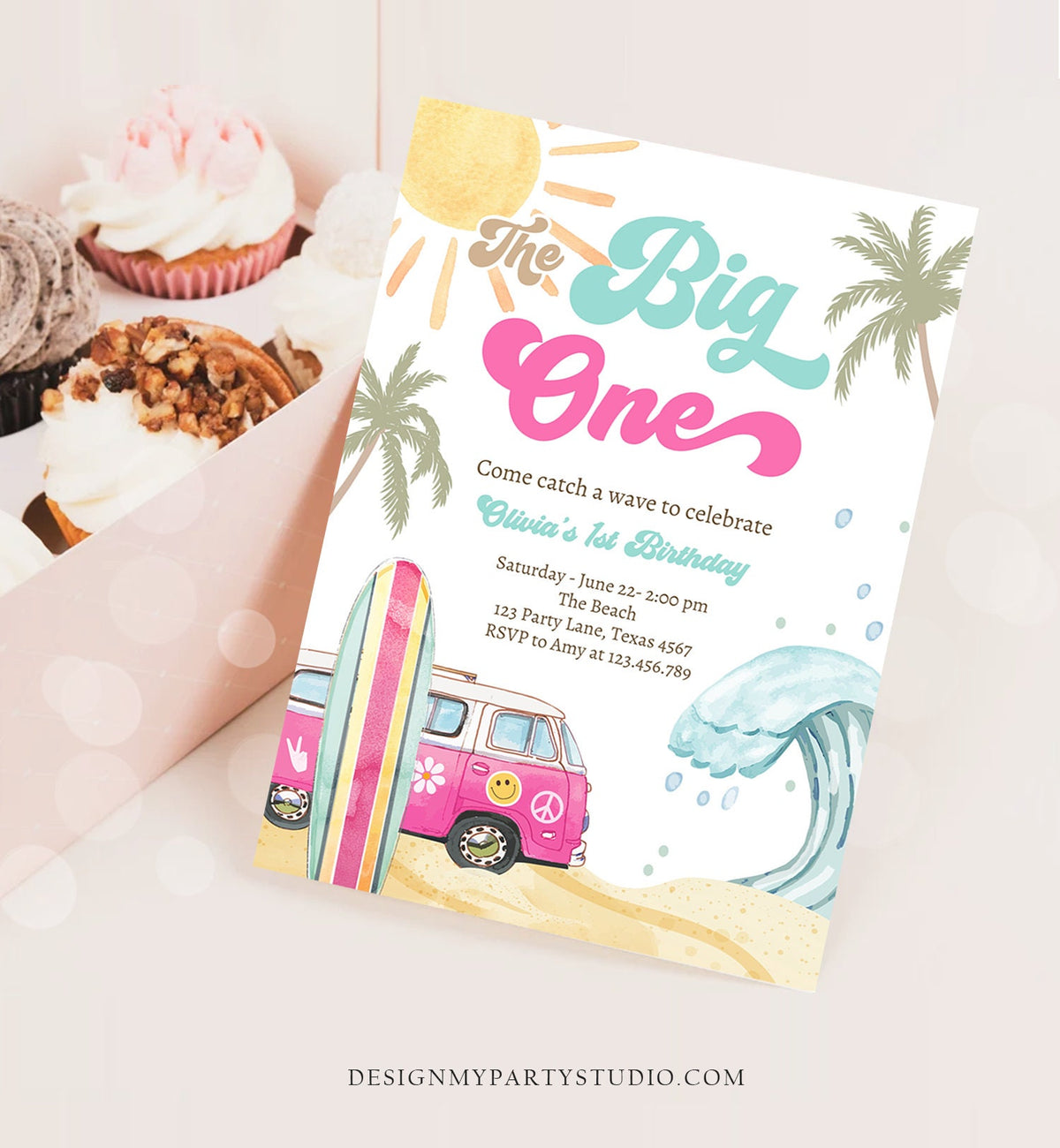 Editable The Big One Surf 1st Birthday Invite Girl Retro Surfboard Beach Party Wave Surfer Boho Invite Download Template Corjl Digital 0433