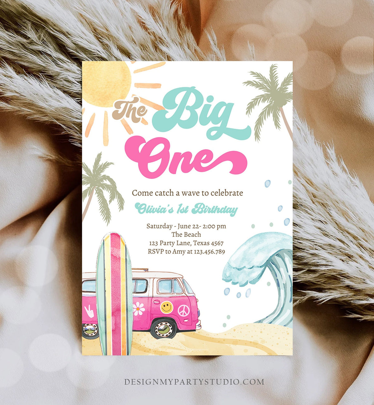 Editable The Big One Surf 1st Birthday Invite Girl Retro Surfboard Beach Party Wave Surfer Boho Invite Download Template Corjl Digital 0433