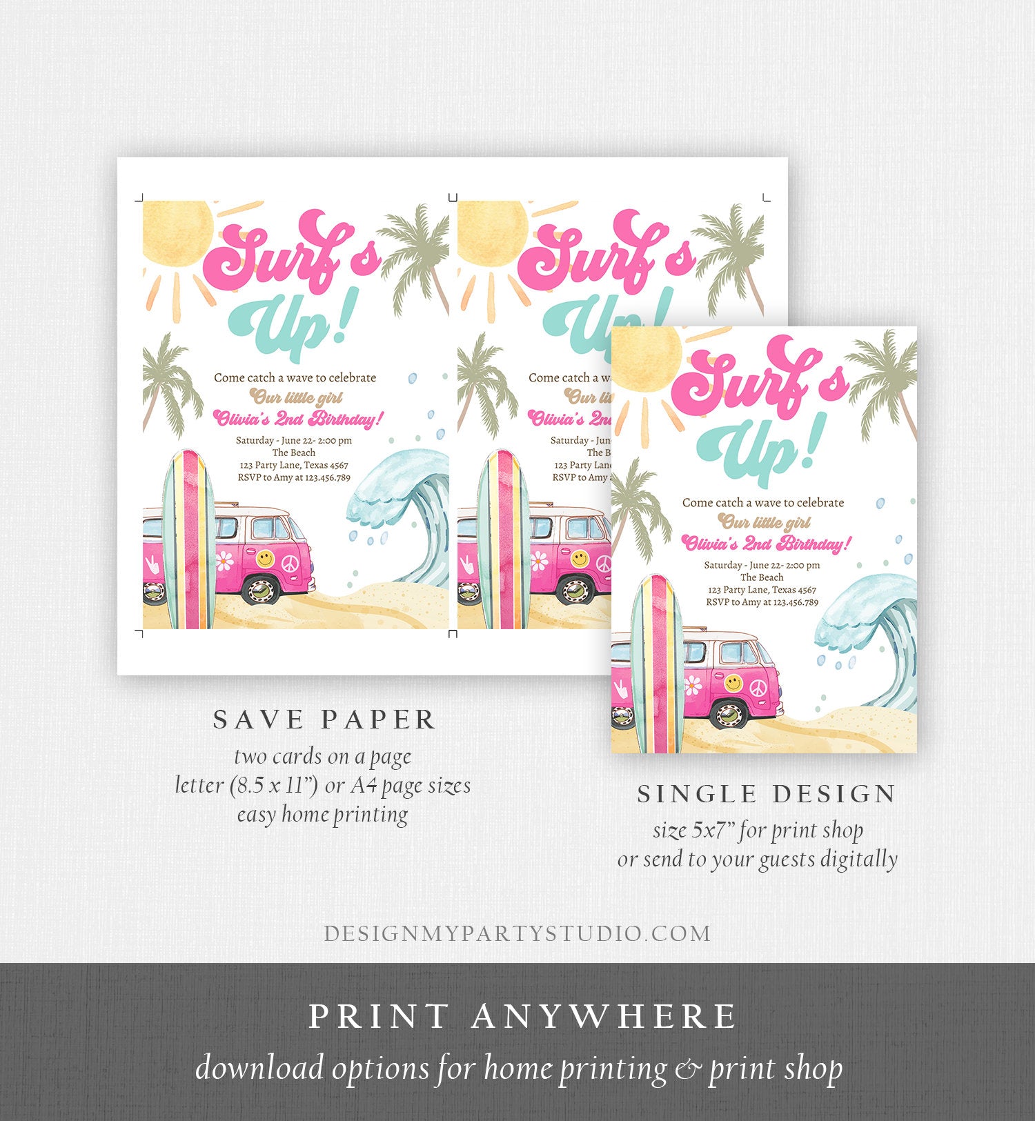 Editable Surf's Up Birthday Party Invitation Retro Surfboard Beach Party Wave Surfer The Big One Invite Download Template Corjl Digital 0433