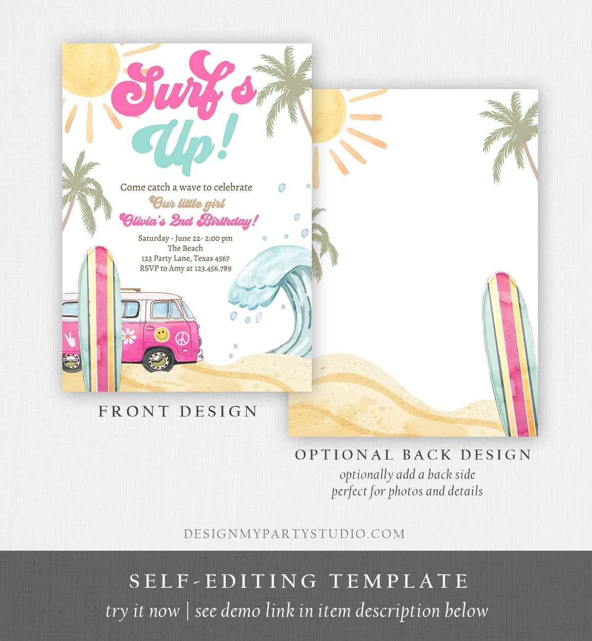 Editable Surf's Up Birthday Party Invitation Retro Surfboard Beach Party Wave Surfer The Big One Invite Download Template Corjl Digital 0433