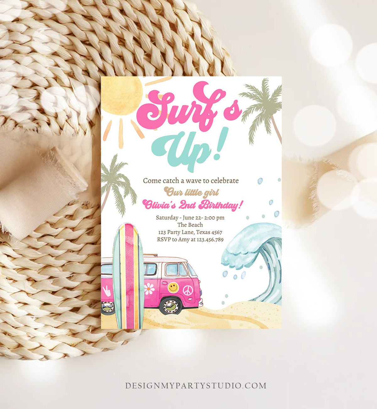 Editable Surf's Up Birthday Party Invitation Retro Surfboard Beach Party Wave Surfer The Big One Invite Download Template Corjl Digital 0433