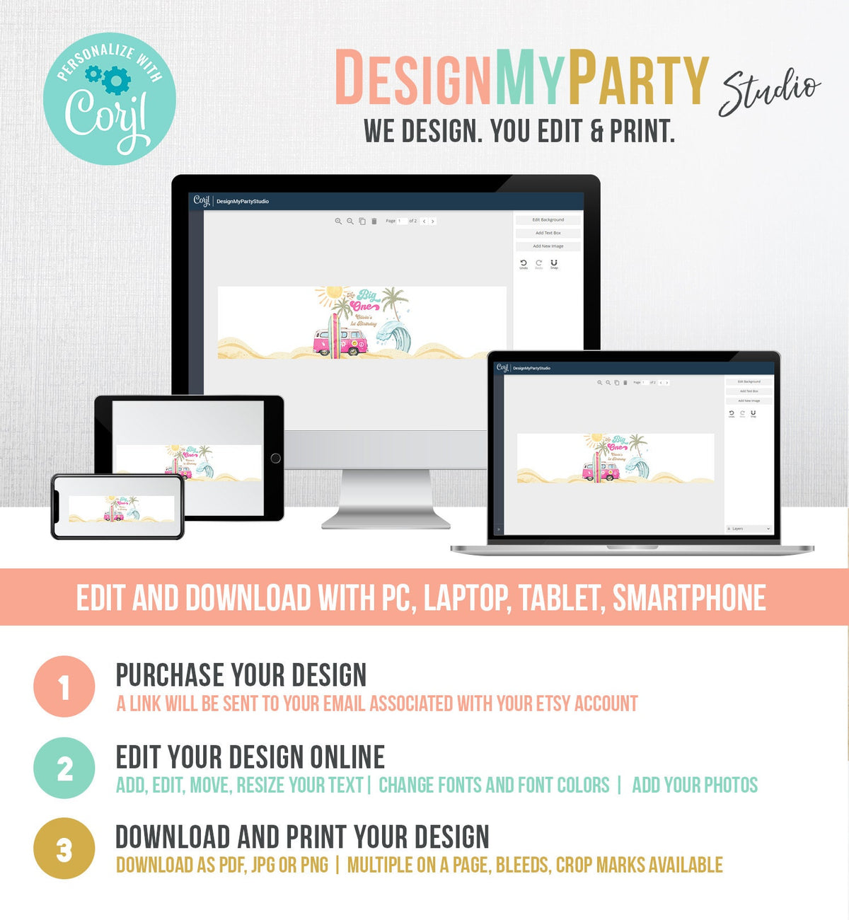 Editable Surf Water Bottle Labels The Big One Party Decor Surf 1st Birthday Retro Girl Pink Surfboard Labels Printable Template Corjl 0433