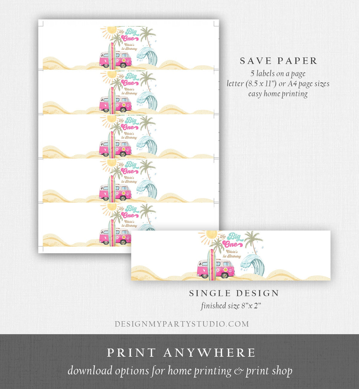 Editable Surf Water Bottle Labels The Big One Party Decor Surf 1st Birthday Retro Girl Pink Surfboard Labels Printable Template Corjl 0433