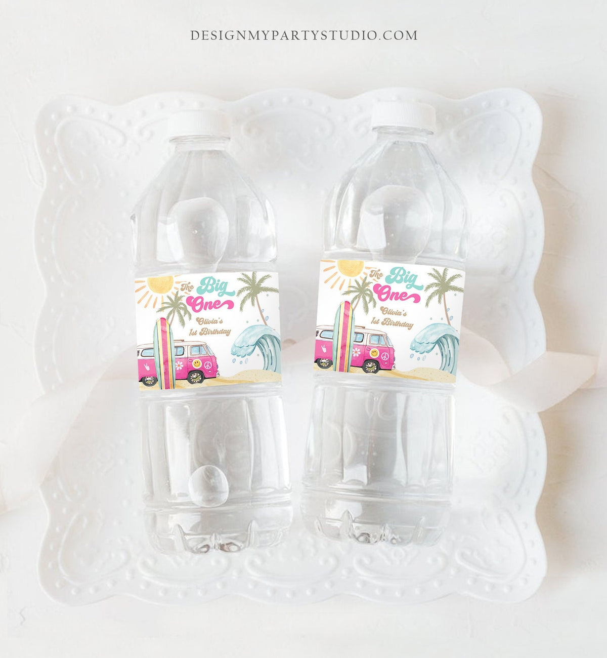 Editable Surf Water Bottle Labels The Big One Party Decor Surf 1st Birthday Retro Girl Pink Surfboard Labels Printable Template Corjl 0433