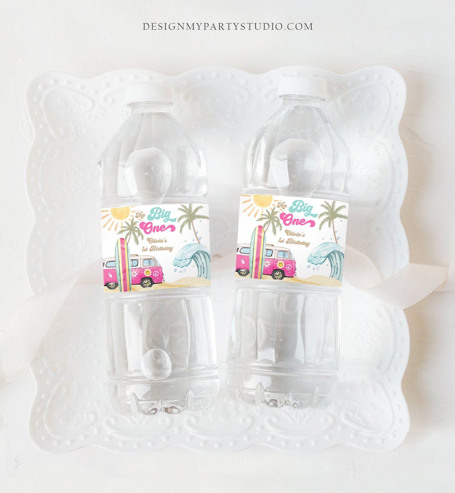 Editable Surf Water Bottle Labels The Big One Party Decor Surf 1st Birthday Retro Girl Pink Surfboard Labels Printable Template Corjl 0433
