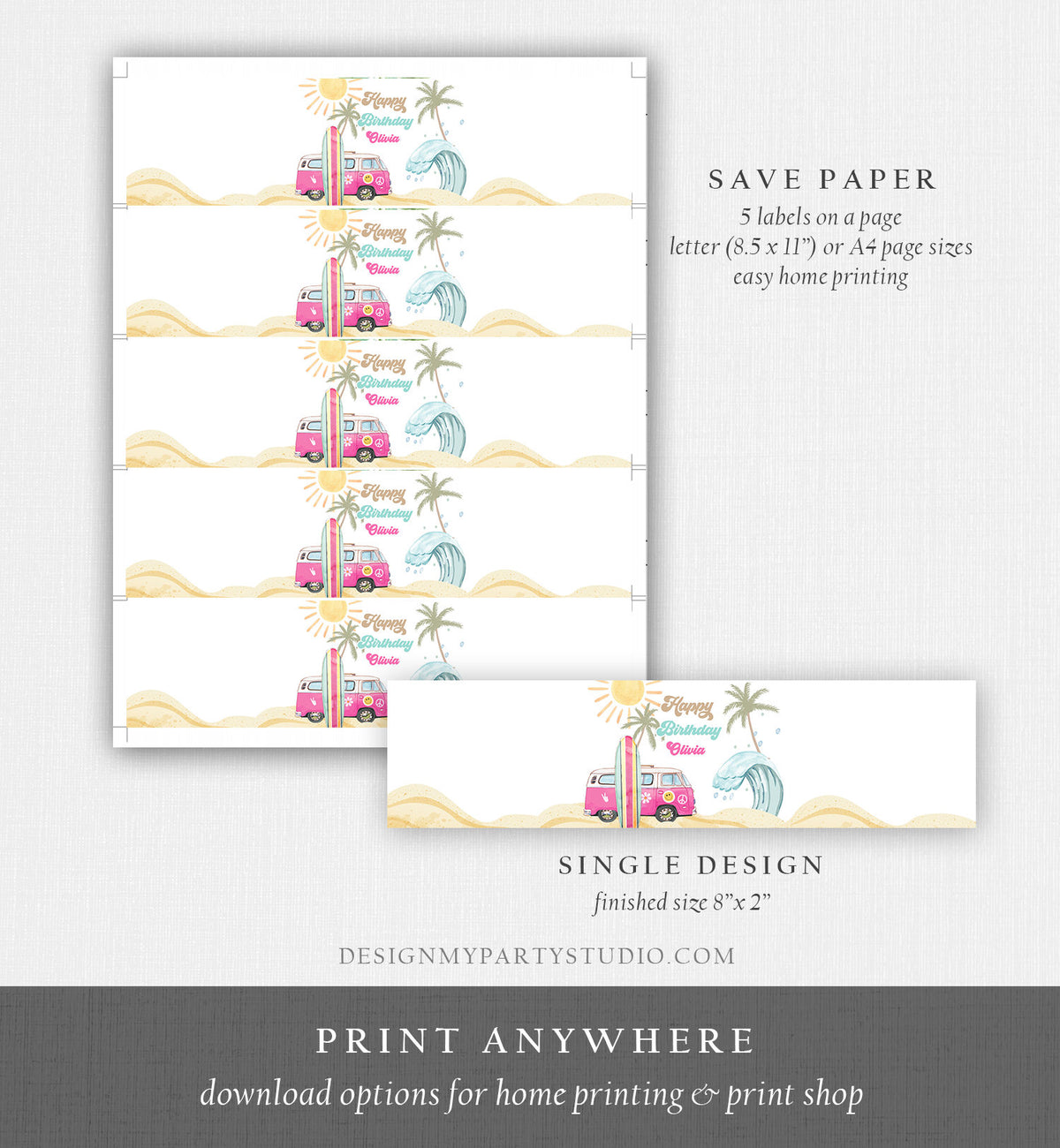 Editable Surf Water Bottle Labels The Big One Party Decor Surf 1st Birthday Retro Girl Pink Surfboard Labels Printable Template Corjl 0433