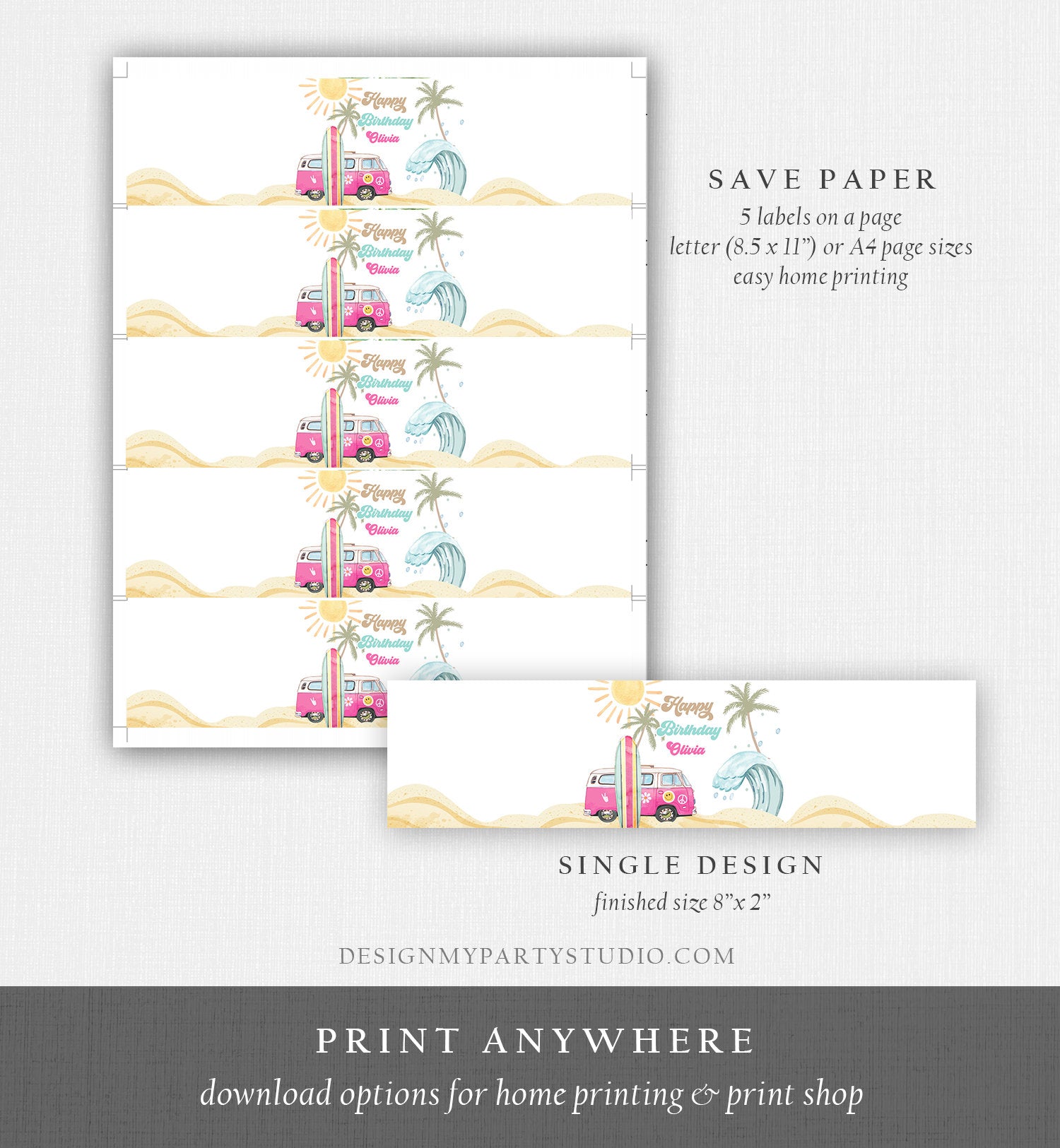 Editable Surf Water Bottle Labels The Big One Party Decor Surf 1st Birthday Retro Girl Pink Surfboard Labels Printable Template Corjl 0433