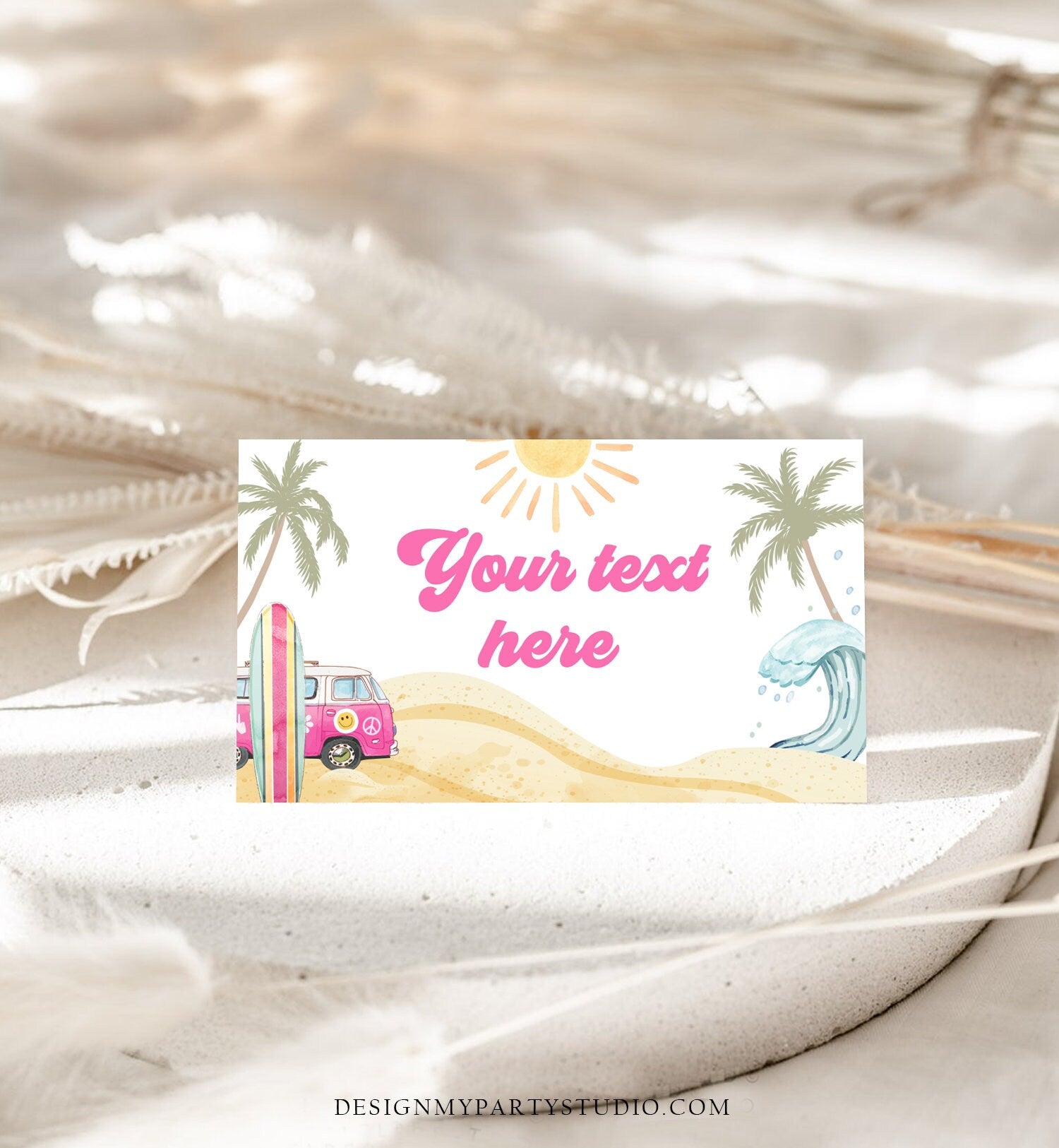 Editable Surf Food Labels Surfboard Birthday Place Card Tent Card Buffet Card Beach Party The Big One Retro Van Decor Corjl Template 0433