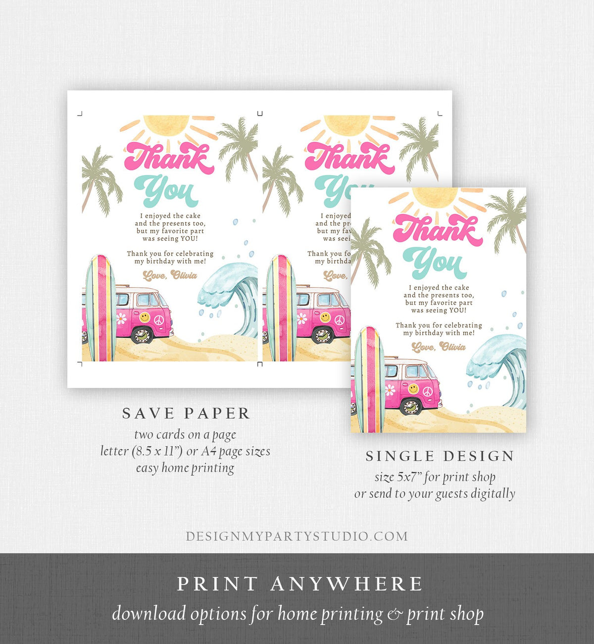 Editable Surf Thank You Card Surfboard 1st Birthday Thank Your Note Retro Girl Beach Party Wave Pink Download Template Corjl Digital 0433