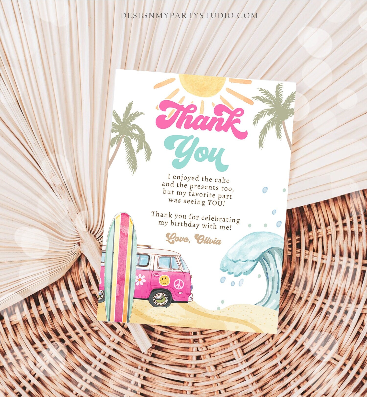 Editable Surf Thank You Card Surfboard 1st Birthday Thank Your Note Retro Girl Beach Party Wave Pink Download Template Corjl Digital 0433