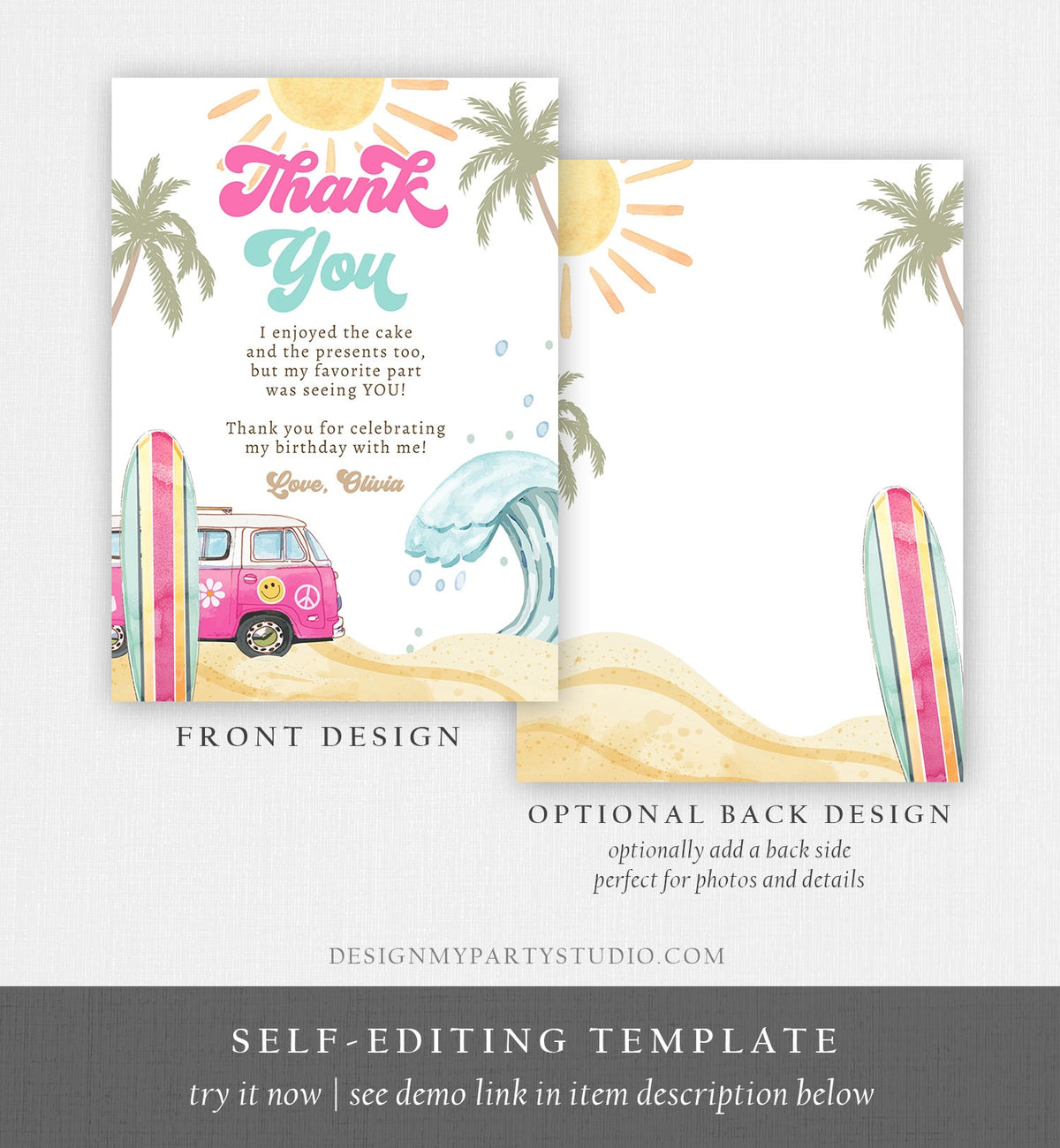 Editable Surf Thank You Card Surfboard 1st Birthday Thank Your Note Retro Girl Beach Party Wave Pink Download Template Corjl Digital 0433