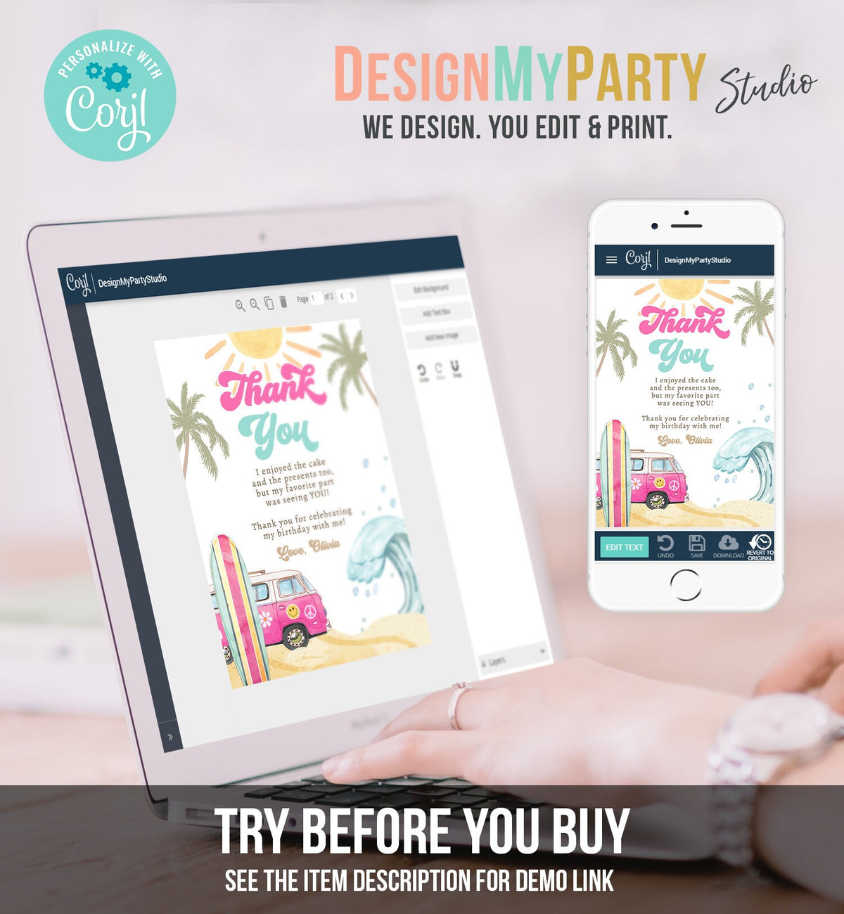 Editable Surf Thank You Card Surfboard 1st Birthday Thank Your Note Retro Girl Beach Party Wave Pink Download Template Corjl Digital 0433