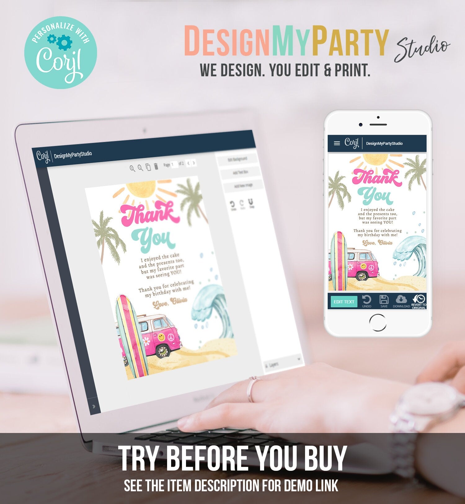 Editable Surf Thank You Card Surfboard 1st Birthday Thank Your Note Retro Girl Beach Party Wave Pink Download Template Corjl Digital 0433