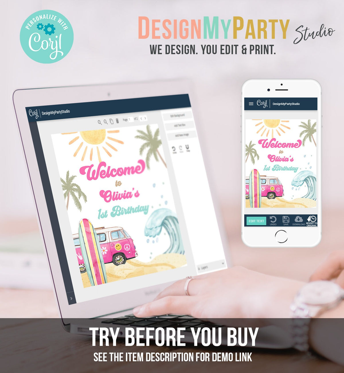 Editable Surf Birthday Welcome Sign Girl The Big One Surf's Up Birthday Welcome Sign Beach Party Retro Wave Template Corjl PRINTABLE 0433