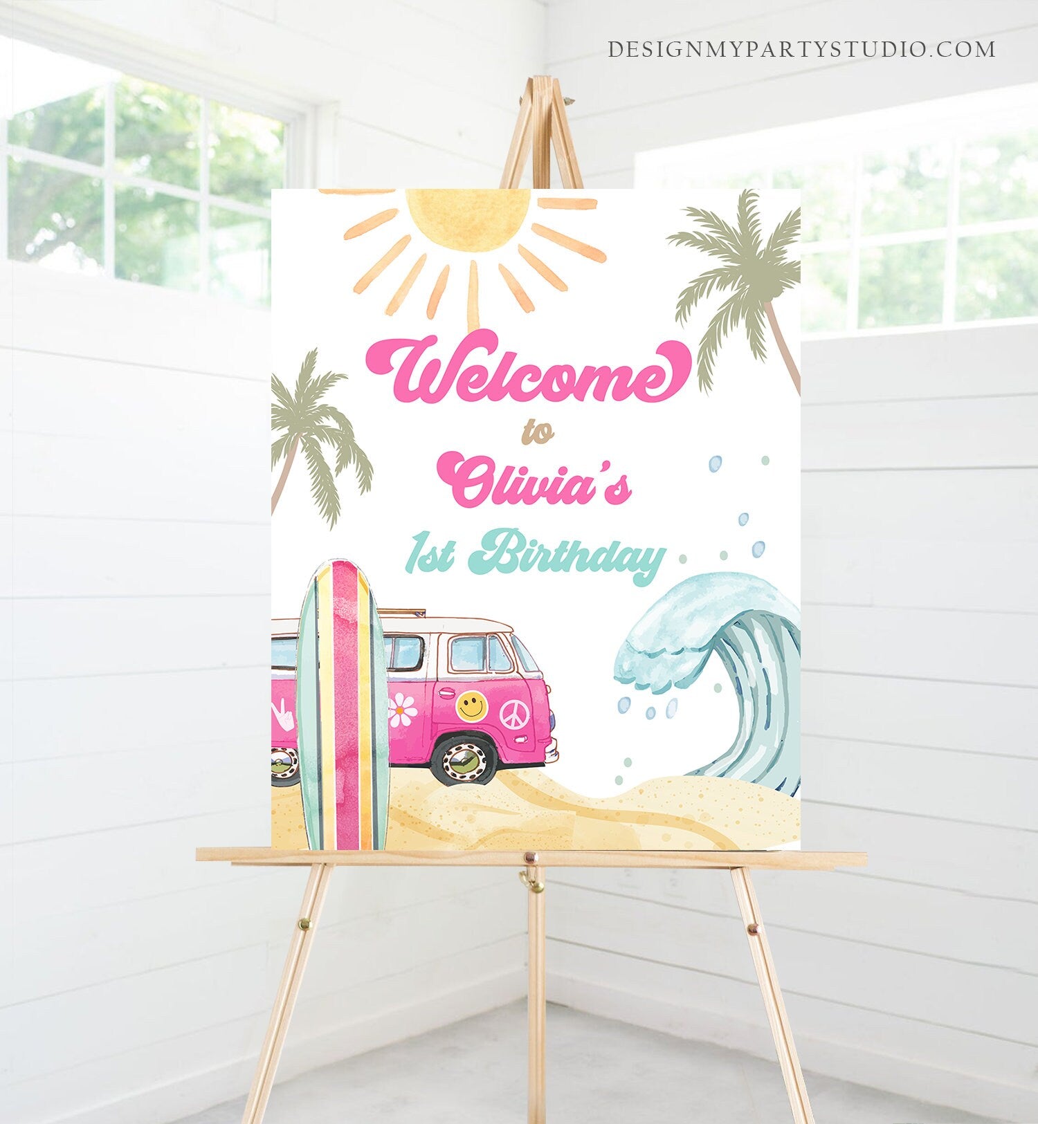 Editable Surf Birthday Welcome Sign Girl The Big One Surf's Up Birthday Welcome Sign Beach Party Retro Wave Template Corjl PRINTABLE 0433
