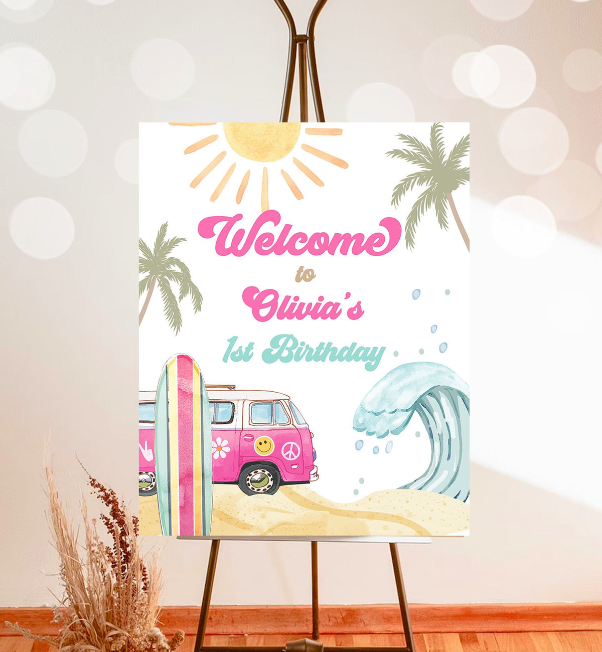 Editable Surf Birthday Welcome Sign Girl The Big One Surf's Up Birthday Welcome Sign Beach Party Retro Wave Template Corjl PRINTABLE 0433