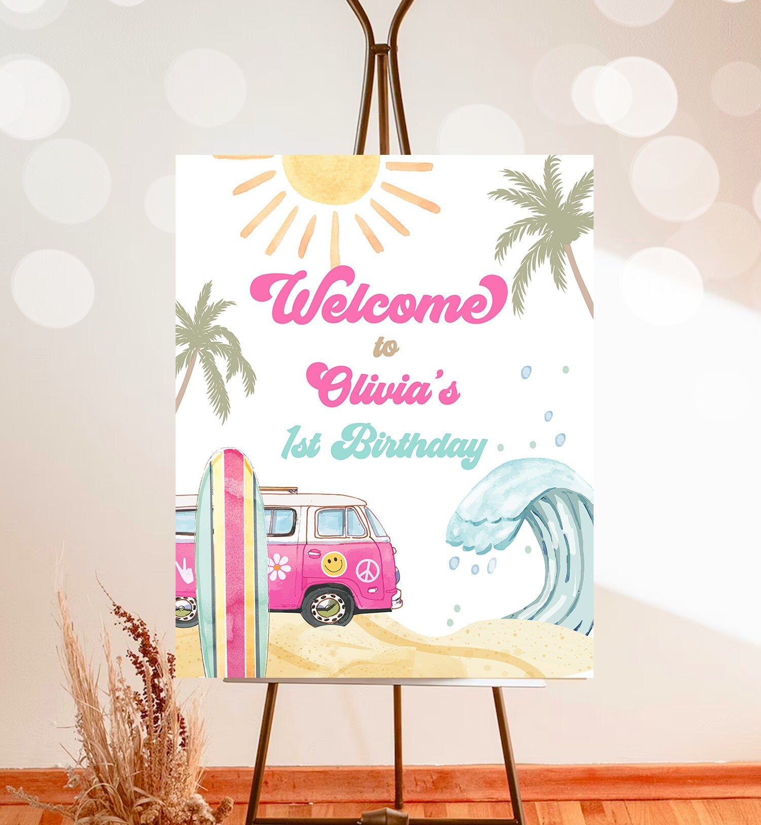 Editable Surf Birthday Welcome Sign Girl The Big One Surf's Up Birthday Welcome Sign Beach Party Retro Wave Template Corjl PRINTABLE 0433