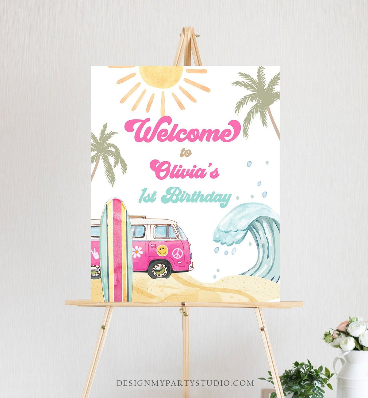Editable Surf Birthday Welcome Sign Girl The Big One Surf's Up Birthday Welcome Sign Beach Party Retro Wave Template Corjl PRINTABLE 0433