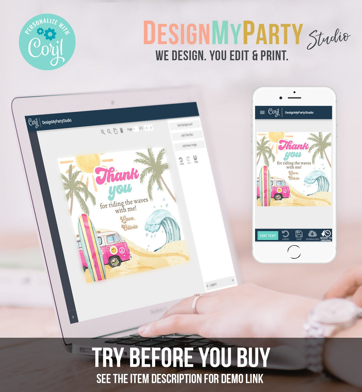 Editable Retro Surf Favor Tags 1st Birthday The Big One Thank you Stickers Beach Party Surf Up Van Hippie Wave Template Corjl PRINTABLE 0433