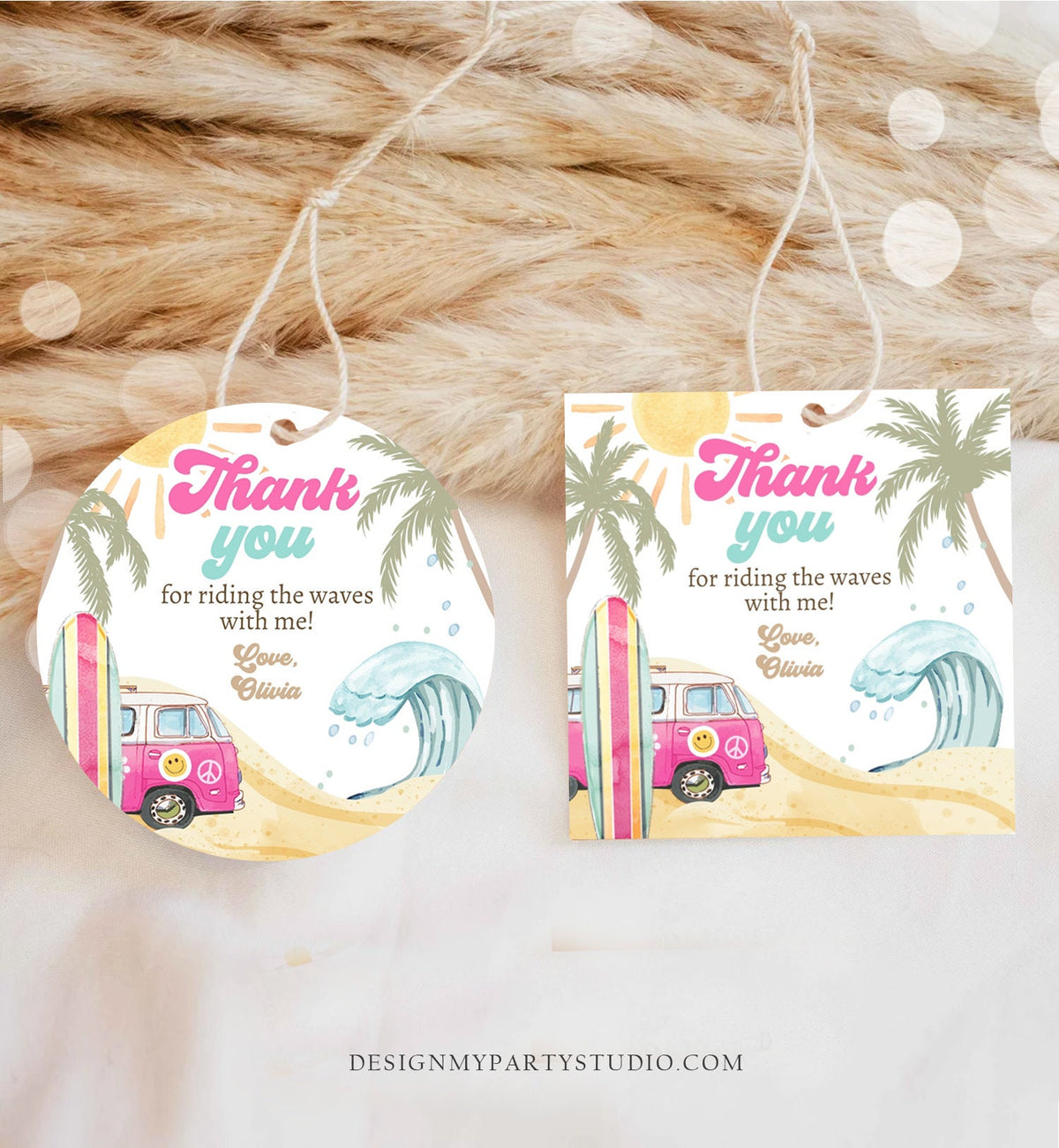 Editable Retro Surf Favor Tags 1st Birthday The Big One Thank you Stickers Beach Party Surf Up Van Hippie Wave Template Corjl PRINTABLE 0433