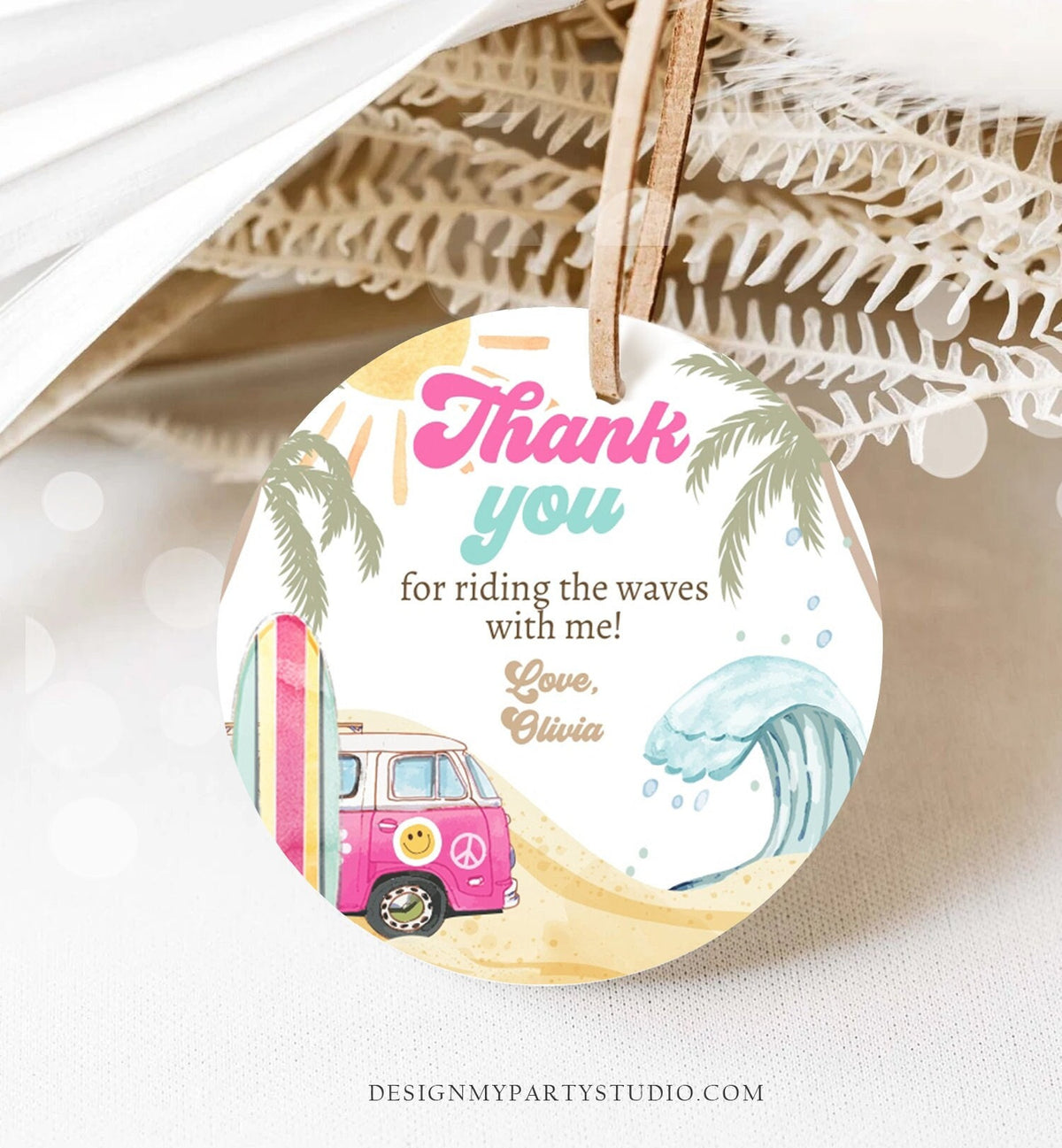 Editable Retro Surf Favor Tags 1st Birthday The Big One Thank you Stickers Beach Party Surf Up Van Hippie Wave Template Corjl PRINTABLE 0433