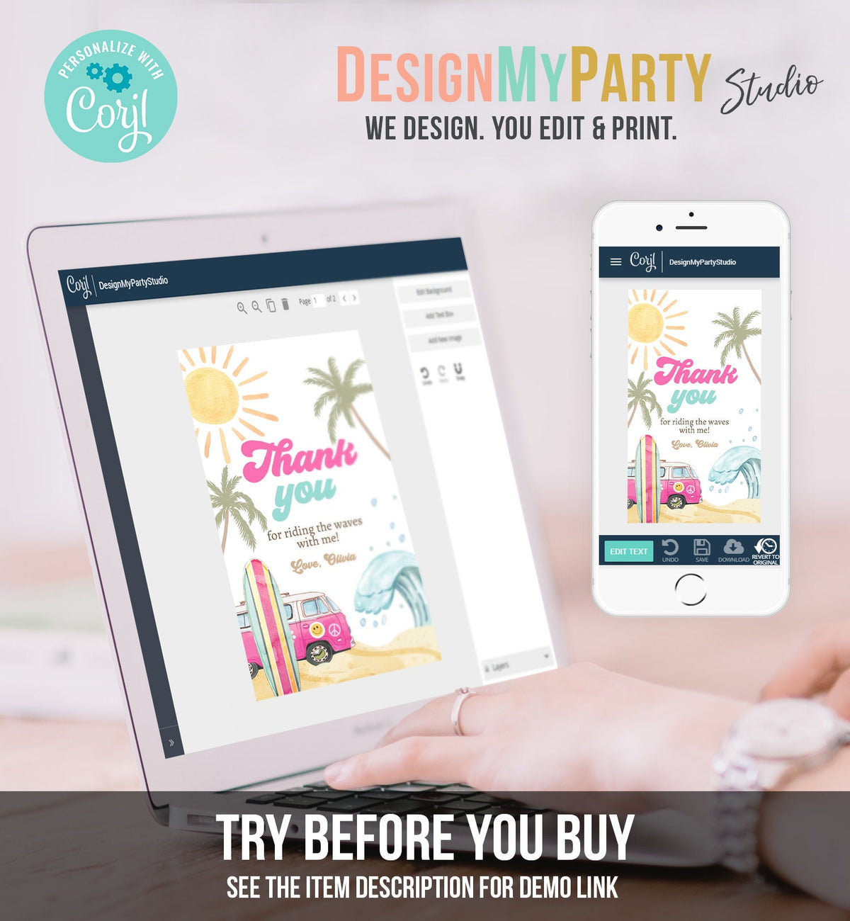 Editable Retro Surf Favor Tags 1st Birthday The Big One Thank you Tags Beach Party Surf Up Van Girl Pink Wave Template Corjl PRINTABLE 0433