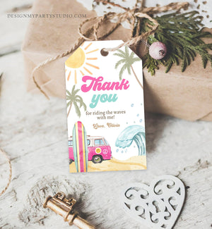 Editable Retro Surf Favor Tags 1st Birthday The Big One Thank you Tags Beach Party Surf Up Van Girl Pink Wave Template Corjl PRINTABLE 0433