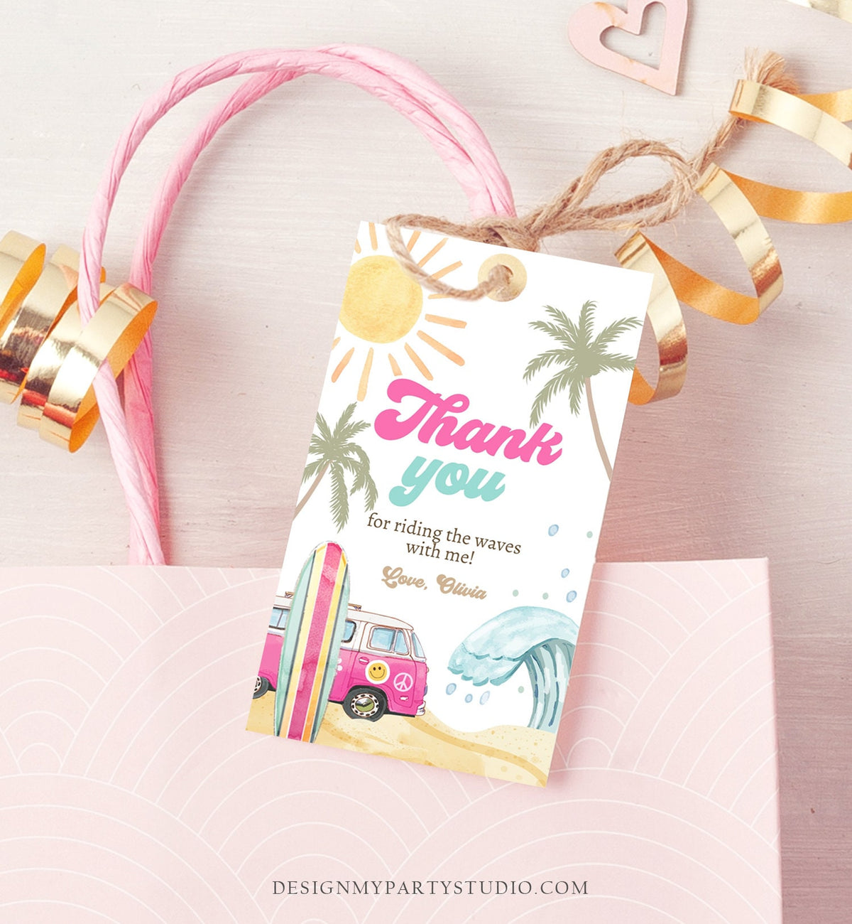Editable Retro Surf Favor Tags 1st Birthday The Big One Thank you Tags Beach Party Surf Up Van Girl Pink Wave Template Corjl PRINTABLE 0433