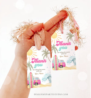 Editable Retro Surf Favor Tags 1st Birthday The Big One Thank you Tags Beach Party Surf Up Van Girl Pink Wave Template Corjl PRINTABLE 0433