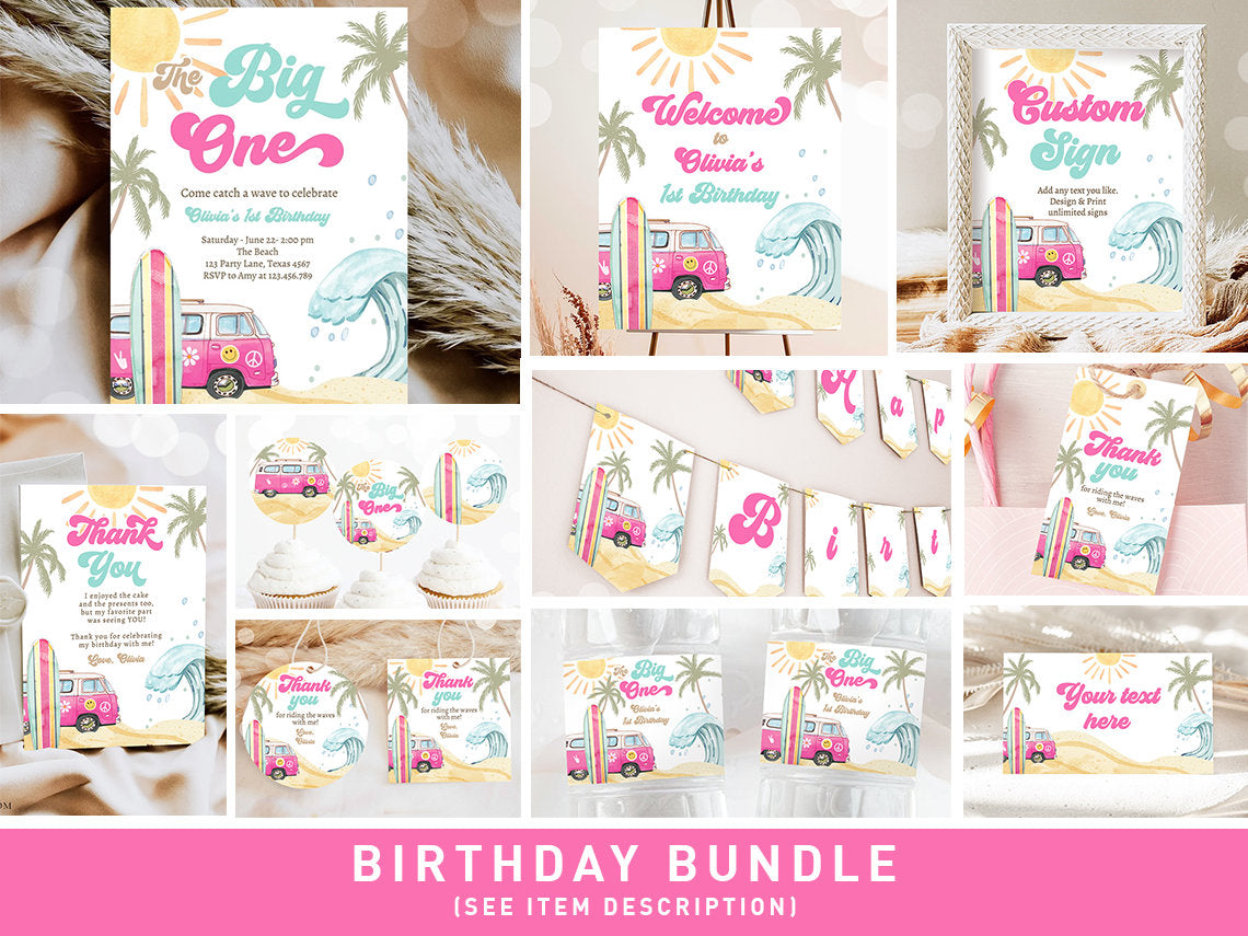 The Big One Surf 1st Birthday Invitation Bundle Girl 1st Surf Birthday Invite Kit Surf Beach Party Package Printable Corjl Template 0433