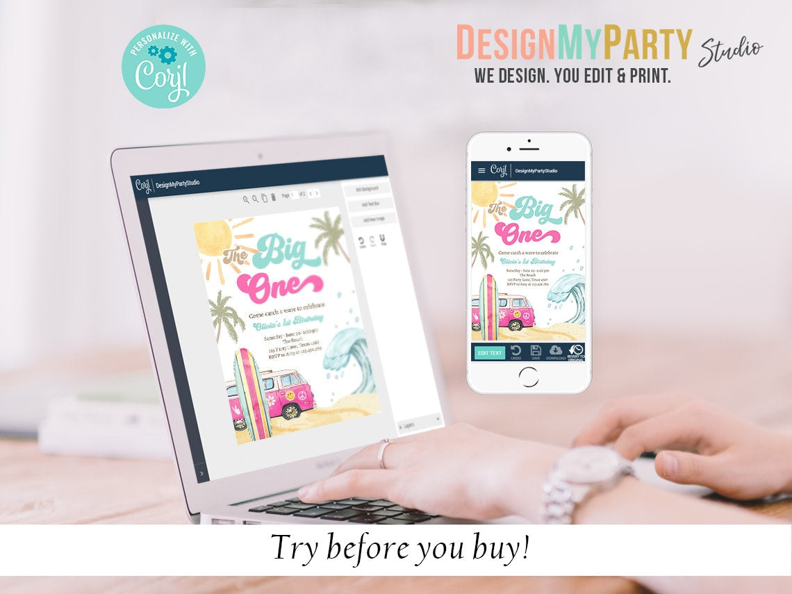The Big One Surf 1st Birthday Invitation Bundle Girl 1st Surf Birthday Invite Kit Surf Beach Party Package Printable Corjl Template 0433