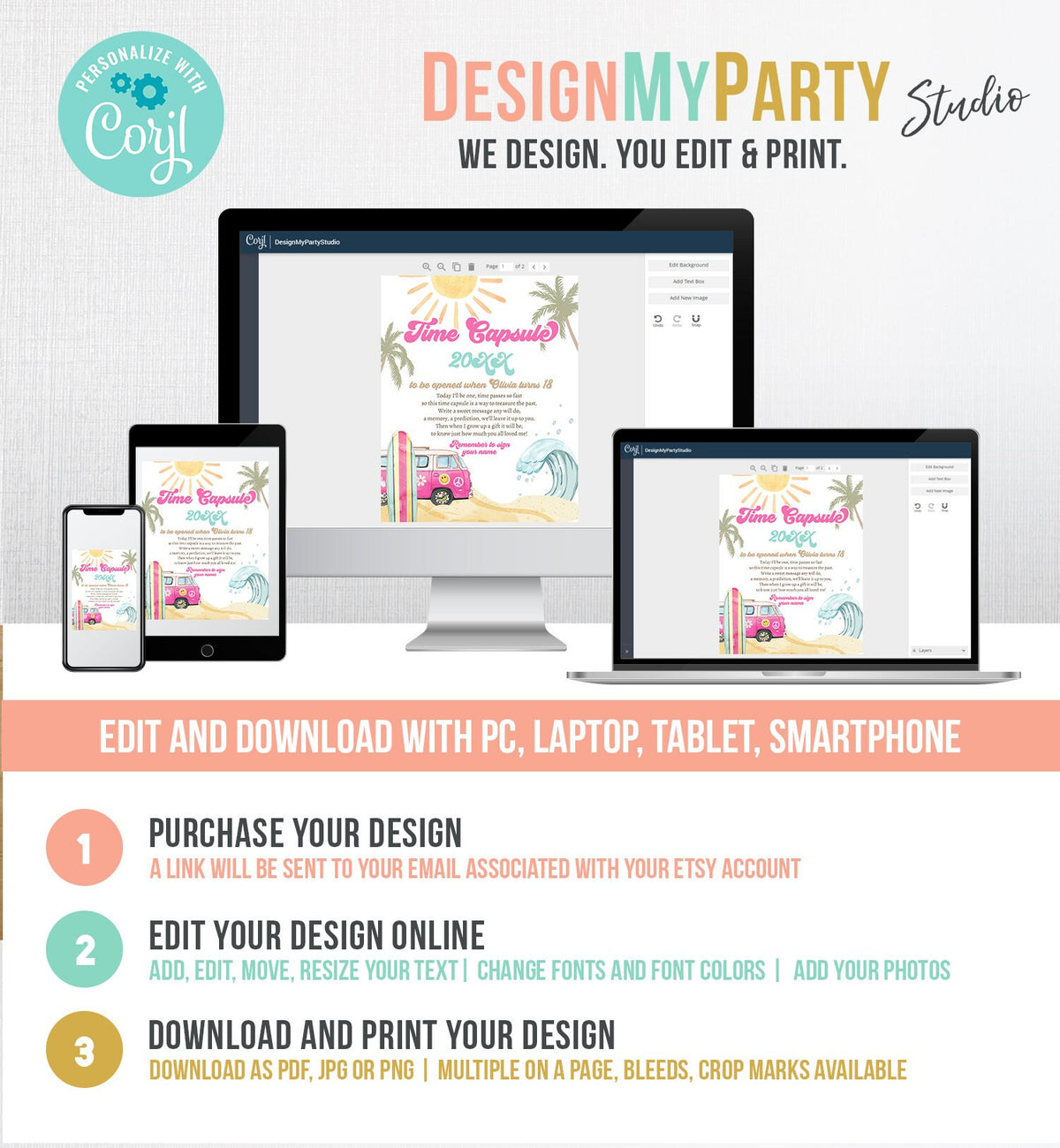 Editable Time Capsule Surf First Birthday Party Surfing Decorations The Big One Girl Pink Beach Wave Retro Template Printable Corjl 0433